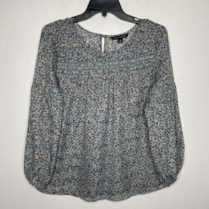 ZAC + RACHEL Top Womens Small Green Floral Long Sleeve Popover Blouse Peasant